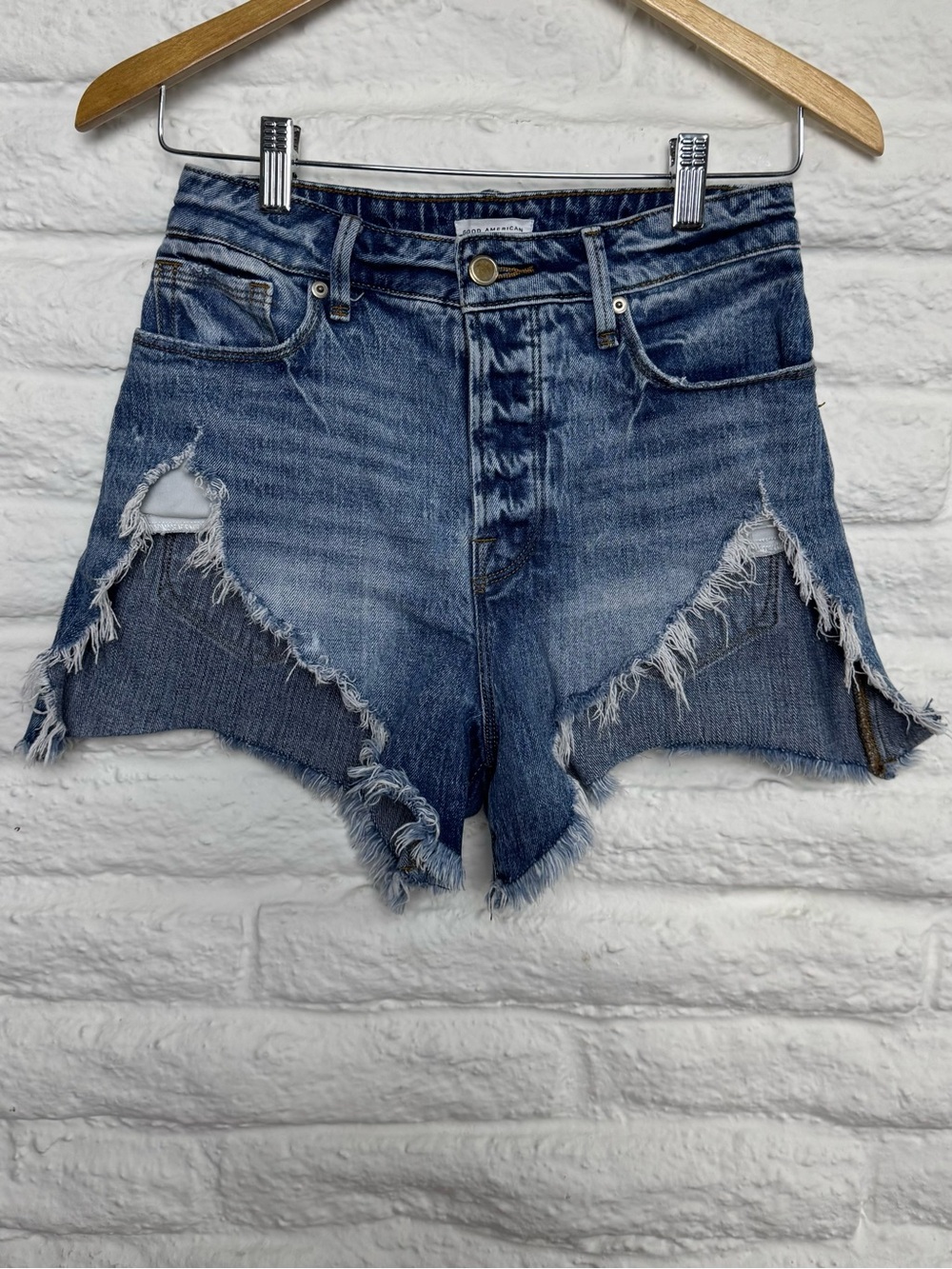 Good American Distressed High-Rise Blue Denim Shorts